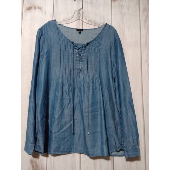 Talbots Shirt Ladies Extra Large Chambray Long Sleeve Light Weight Tassel - Picture 1 of 9